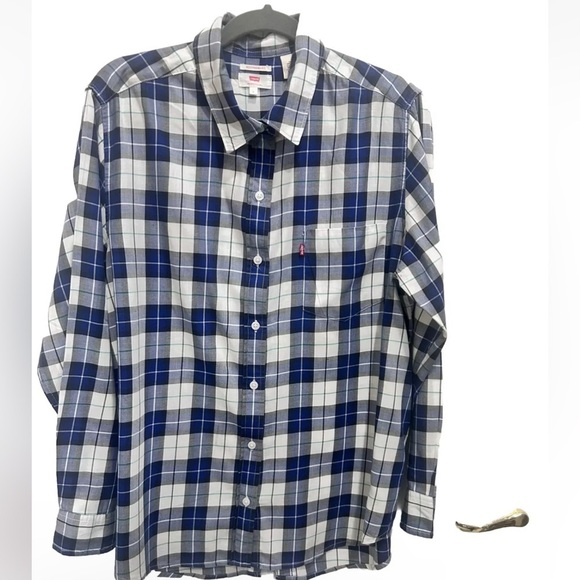 Levi's Womens Boyfriend Fit Plaid Long Sleeve Button Up Shirt Large Blue Cotton - Picture 3 of 12